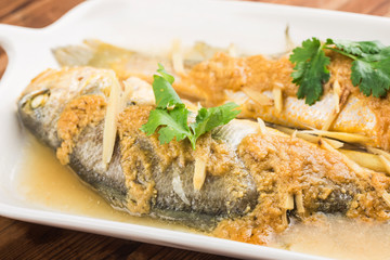 Oriental cuisine, traditional Chinese cuisine, steamed yellow croaker,