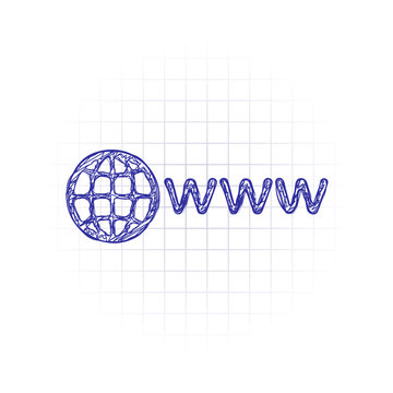 symbol of internet with globe and www. Hand drawn sketched picture with scribble fill. Blue ink. Doodle on white background
