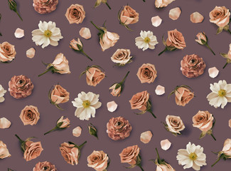 Vintage Floral pattern made of beige flowers and rosebuds. Flat lay, top view. Valentines...