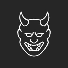 Japanese mask chalk white icon on black background. Hannya face. Evil mythological creature from japan folklore. Noh theater attribute. Asian souvenir. Isolated vector chalkboard illustration