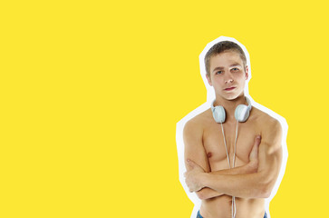 Attractive shirtless athlete with naked torso. Workout, earphones and music concept. Collage in magazine style, yellow background