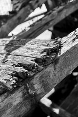Abstract image of old Wooden boat wreck carcass, black and white