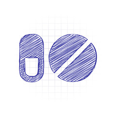simple symbols of pills or vitamins. Hand drawn sketched picture with scribble fill. Blue ink. Doodle on white background