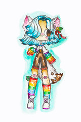 Cute watercolor fox girl stock illustration