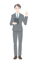 チェックポイント　ビジネスマン　スーツ　男性　タブレット　全身