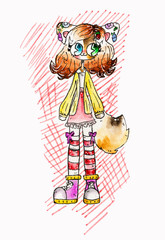 Cute watercolor fox girl stock illustration