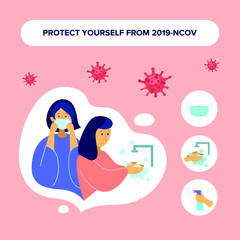 COVID-19. Virus infections prevention methods infographics. Infographic, Logo, symbol & how to prevent.  Hgiene promotion with wearing a face mask, sanitizing with alcohol and washin a face mask.