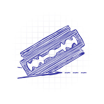 recommend clip art: razor blade and cutting line. simple icon. Hand drawn sketched picture with scribble fill. Blue ink. Doodle on white background