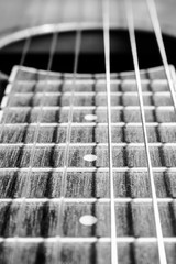 Close Up of A Guitar Fret Board with Strings for Background