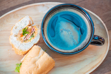 Hot fragrant coffee with bread for breakfast