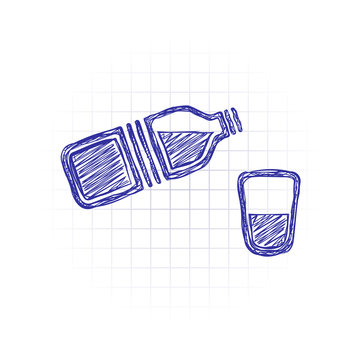 bottle of water and glass. simple single icon. Hand drawn sketched picture with scribble fill. Blue ink. Doodle on white background