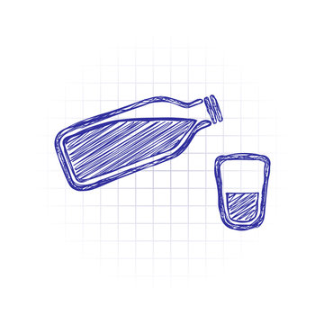 bottle of water and glass cup. simple icon. Hand drawn sketched picture with scribble fill. Blue ink. Doodle on white background