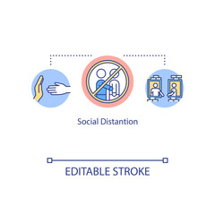 Social distancing concept icon. Stop spread of contagious disease. Avoid people gathering. Quarantine measure idea thin line illustration. Vector isolated outline RGB color drawing. Editable stroke