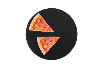 Two slices of pizza bacon, on slate bottom, isolated on white, top view