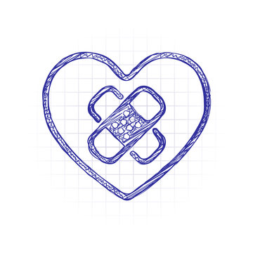 broken heart with patch. linear symbol with thin outline. simple single icon. Hand drawn sketched picture with scribble fill. Blue ink. Doodle on white background