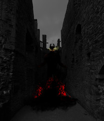 Devilish figure with glowing eyes ascending from shadowy fire in ruined castle