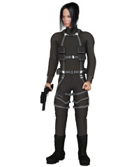 Illustration of a male Asian assassin dressed in black carrying a gun, 3d digitally rendered illustration