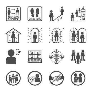 Social Distancing Icon Set. How To Prevent And Eliminate The Corona Virus (Covid-19). Contraindications, Guidelines, Guidance, Interdict, Interdiction