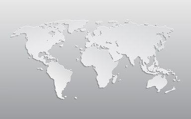 White paper world map. 3d atlas Earth with continents america, europe, asia, africa. Graphic planet with shadow. Politic cartography on gray background. Modern geography for education. Grey vector.