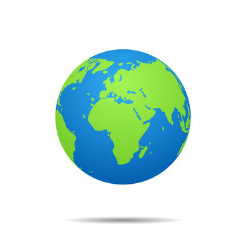 Globe earth map icon on isolated background. 3d world planet with global geography for travel. Green america, europe, africa silhouette continents on blue circle. World government concept. vector.