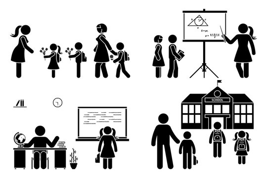 Stick figure teacher, school boy, girl go first day, study, learning knowledge vector icon pictogram. Parents with children, kids walking to preschool, primary, elementary education set on white