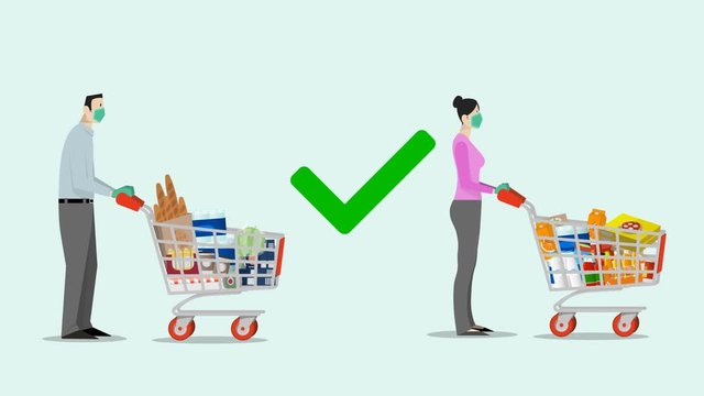 Social Distancing. People with shopping cart keeping distance for infection risk and disease, wearing a surgical protective medical mask and gloves for prevent virus Covid-19.Corona virus.