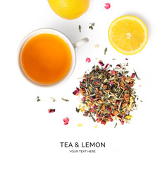Creative layout made of herbal tea and lemon on the white background. Flat lay. Macro concept.