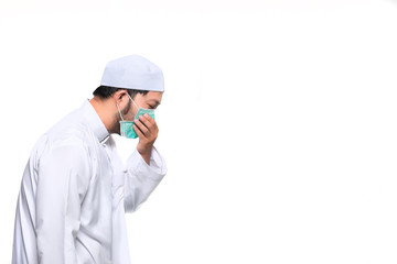 Portrait of man wear protect mask on white background,Wearing face mask for prevent COVID-19 Pandemic Coronavirus,worker with medical mask for against and stop coronavirus