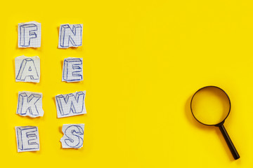 Paper art banner on yellow backdrop in style zine wiht words fake news.