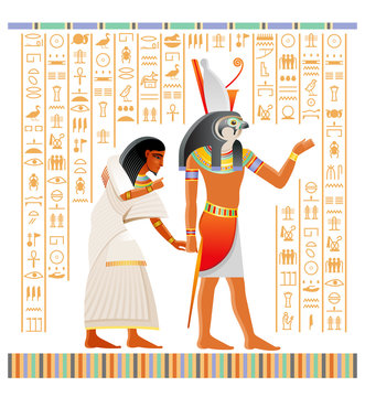 Egyptian papyrus from Book of Dead with afterlife ritual in Duat. Osiris judgment illustration. God Horus with falcon head holding human soul. Vector ancient Egypt papyrus, hieroglyph text background