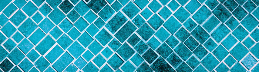 Abstract blue turquoise aquamarine concrete cement stone square rectangular cubes texture background banner panorama