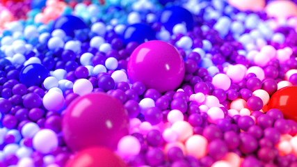 beautiful shiny balls of different colors and sizes completely cover the surface. Some spheres glow. 3d photorealistic render geometric reative holiday background of shiny balls. Multicolored