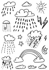Obraz premium Weather Doodle Vector Set on white background.