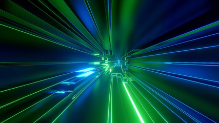 Sci-fi tunnel with neon lights. Abstract high-tech tunnel as background in the style of cyberpunk or high-tech future. Blue green colors 14