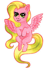 little cute pony, unicorn, characters hand-drawn watercolor for logo and printing on fabric, for children's products.