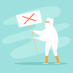 Fototapeta premium Scientist in a suit holds a stop sign. Flat design vector illustration.