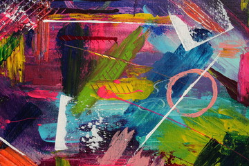 Colors range from bright neon pink and yellow to dark purple and blue in this section of an abstract acrylic painting for backgrounds.