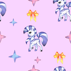small unicorns and Pegasus in a pattern for children, painted with watercolor for printing on fabric or to use as a Wallpaper.