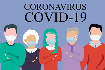 Crowd of people protecting themselves against pandemic epidemic infection. Coronavirus - COVID-19. Group of people wearing medical masks.