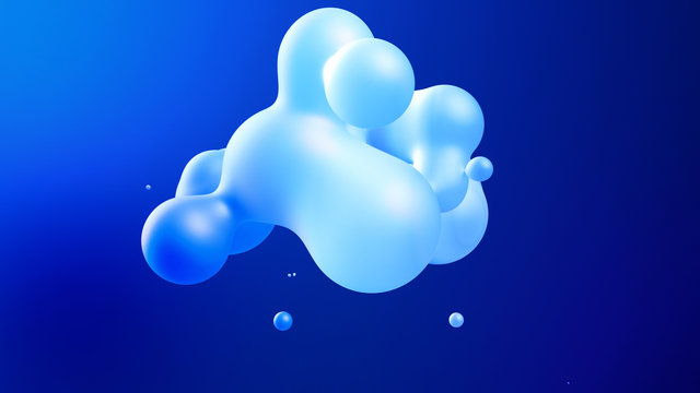 Spheres or balls merge like liquid wax drops or metaballs in-air. Liquid gradient of blue colors on beautiful drops with glow, scattering light inside. 3d render. 14