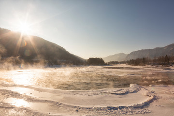 Morning fog over the water, Katun river, Altai, Russia