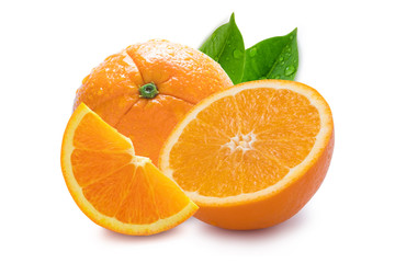 Closeup of isolated one half and quarter of fresh orange fruit with water droplets and green leaves on white background. Clipping path photo.