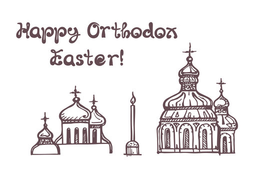 Set of hand drawn churches with handwritten text