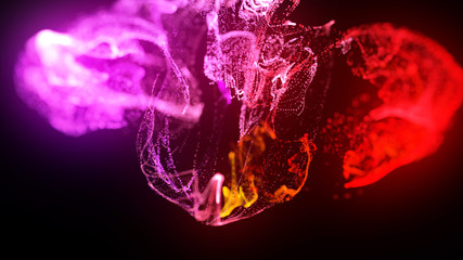 injection of fluorescent ink in water isolated on black background. 3d render of glow particles or sparks like shiny magic spell. Fantastic background for festive event. Red purple mix 19