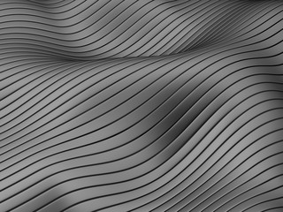 Abstract flowing lines and stripes on wavy black surface. 3d illustration.