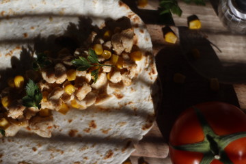 Mexican tacos  with chicken and corn top view