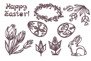 Set of Easter hand drawn flowers, wreath, eggs and rabbit