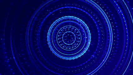 abstract sci-fi background with glow particles form curved lines, surfaces, hologram structures or virtual digital space. Deep blue motion design background of microworld or cosmic space. Spheres 8