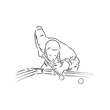 recommend clip art: man playing Billiards, cue and balls, realistic vector sketch illustration