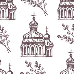 Easter seamless pattern with hand drawn church and pussy-willow twig